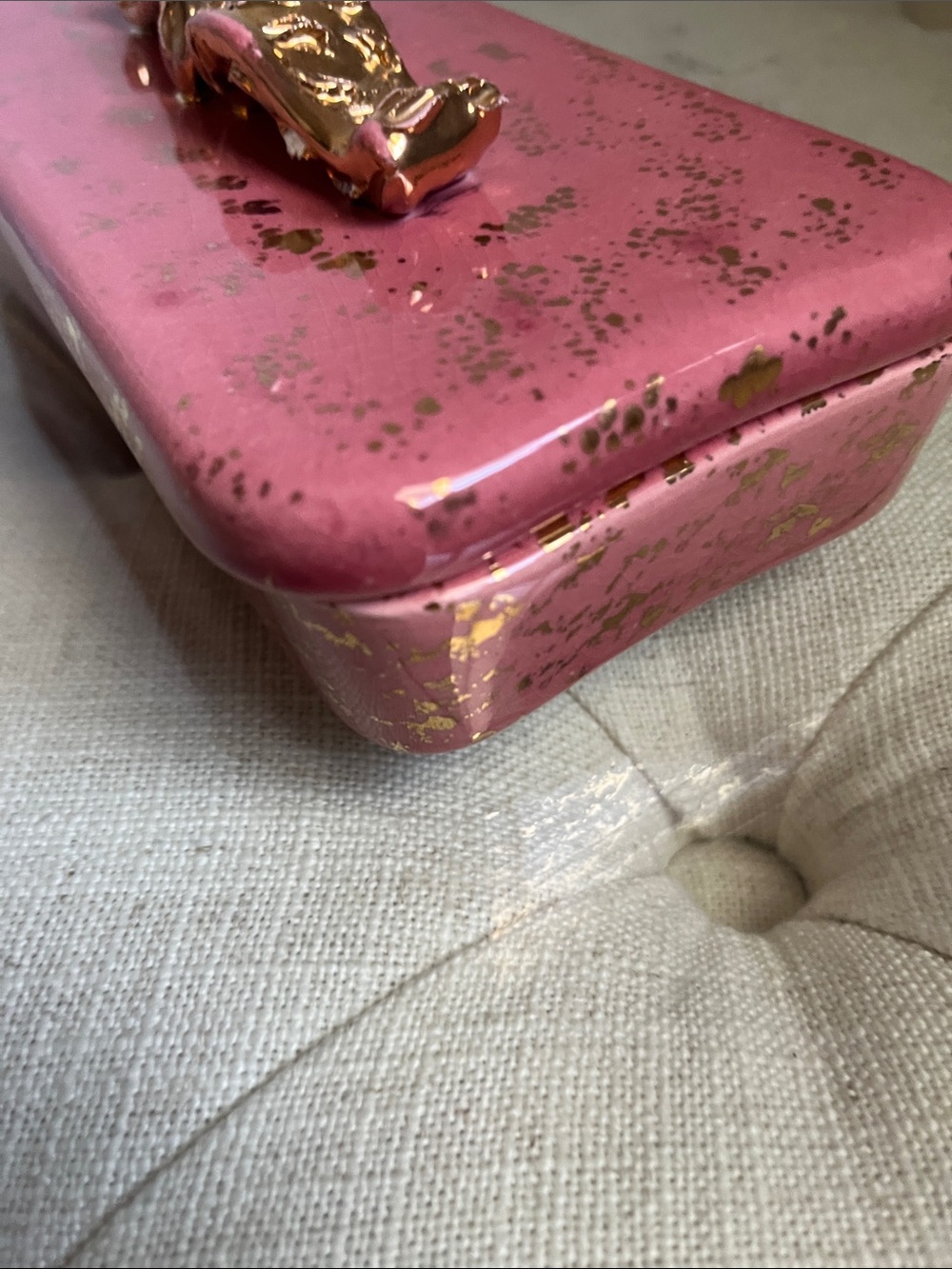 Vintage Hollywood Regency Pink Gold Metallic Handle Specs Jewelry Trinket Box - Picture 9 of 16
